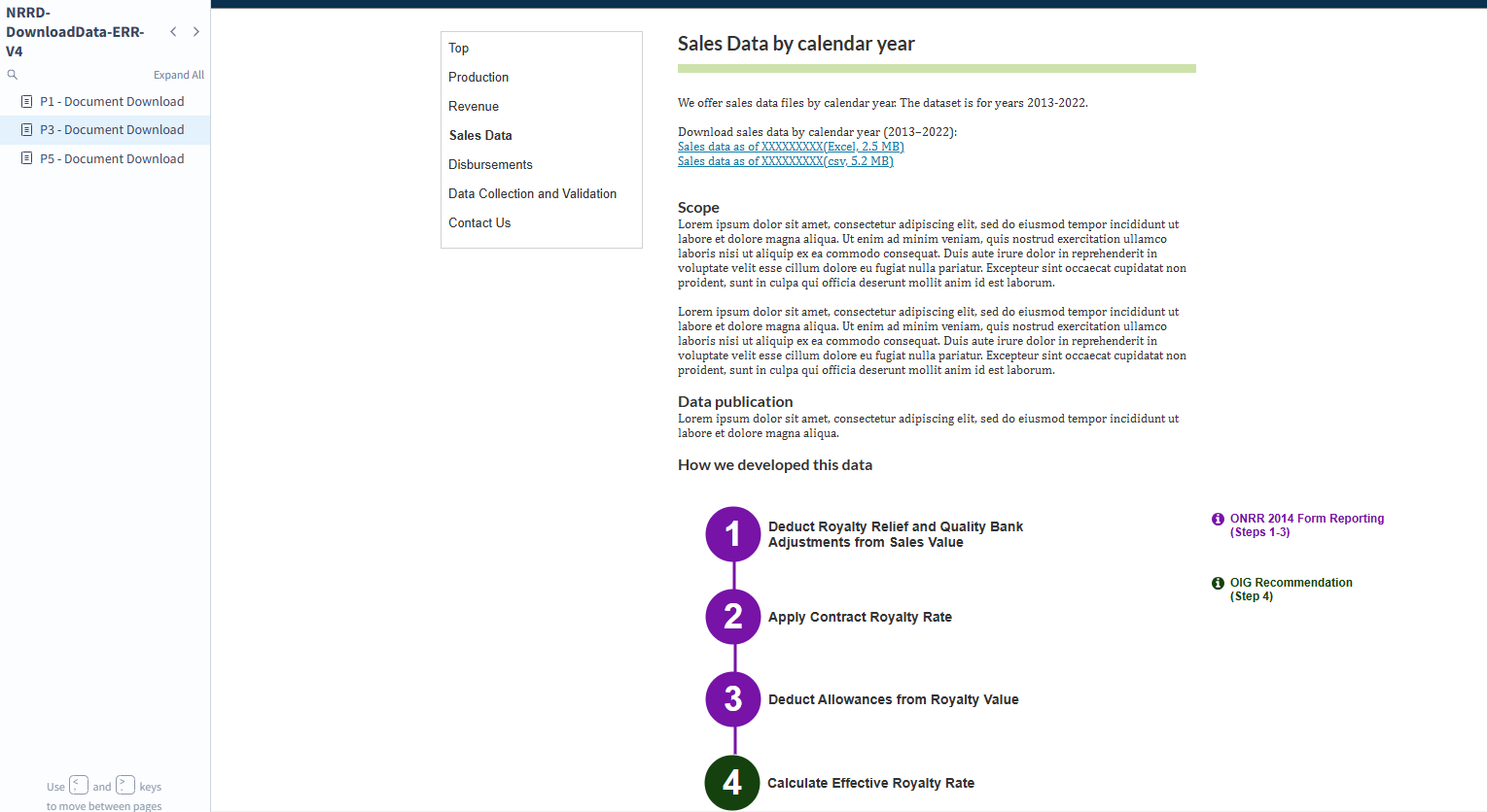 A high-fidelity prototype of a diagram that explains the process of data development. This diagram is located in the download data page and shows a heading, "How we developed this data" with four numbered circles. Circles 1 through 3 are purple, which indicate ONRR 2014 form reporting. Circle 4 is green, which indicates OIG recommendation. Circle 1 has the title, Deduct Royalty Relief and Quality Bank Adjustments from Sales Value. Circle 2 has the title, Apply Contract Royalty Rate. Circle 3 has the title, Deduct Allowances from Royalty Value. Circle 4 has the title, Calculate the Effective Royalty Rate.