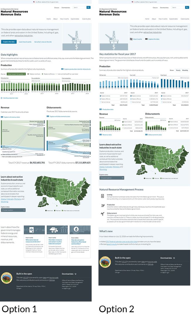 option 1 shows a mix of bar charts and a sankey diagram with a map of the U.S., option 2 shows all bar charts with a map of the U.S.