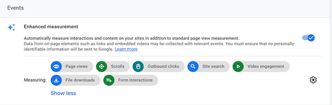 Located under events, for enhanced measurement ODDD had turned on page views, scrolls, outbound links, site search, video engagement, file downloads, and form interaction.