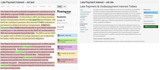 Screen captures of the old Late Payment Interest content. On the left, the  Hemingway analysis shows a grade 14 reading level. On the right, the old webpage.