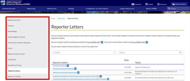 Screen capture of the Reporter Letters webpage. The left-side navigation menu is highlighted in red.