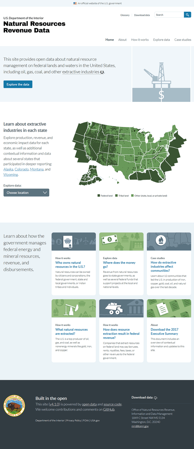 USEITI homepage in 2018, showing an introductory paragraph, a map of the country showing land ownership by state, and a card-styled layout with contextual information