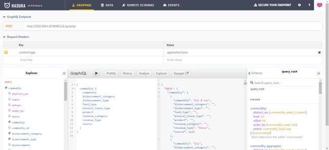 Screenshot of Hasura interface with GraphiQL query, including fields for commodity, disbursement category, disbursement type, fund type, mineral lease type, product, revenue category, revenue type, and source, also shows output for query with Oil and Gas and Bonus listed as output of query