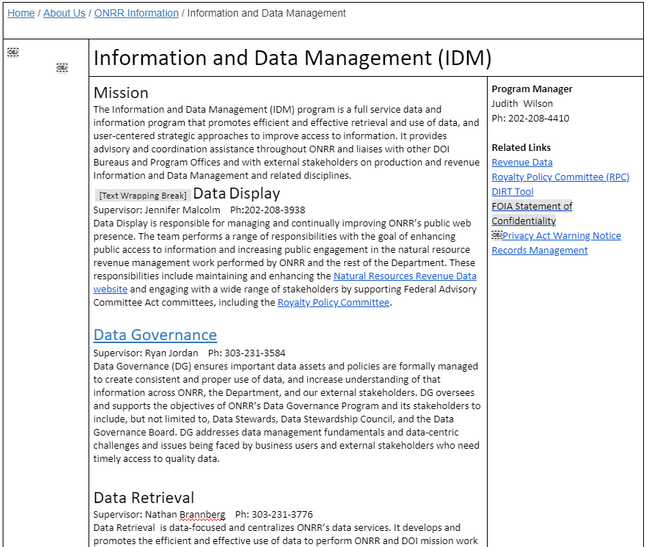 Wireframe created in a word processor, with breadcrumb navigation at top, title of Information and Data Management, and sections for mission, data display, data governance, and data retrieval in the main column, with a right column containing contact information and related links