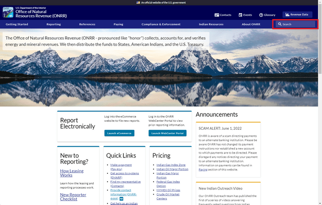 Screenshot of onrr.gov’s homepage, where the main navigation, hero image, additional navigation cards, and announcement cards are located. The search bar is located in the top right corner, emphasized with a red box.
