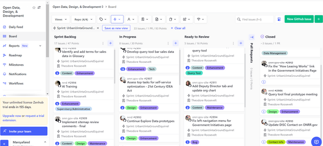 ZenHub board filtered by sprint showing progress of each issue