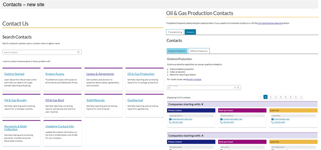 Screen capture of the current, live contact us webpage. Left image is the main page. Right image is an example of a topic page.