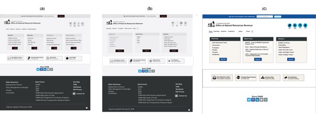 Lo to Medium Fidelity Wireframes: Selection of wireframe iterations of ONRR.gov. From left to right: (a) First lo-fidelity wire tested in usability sessions; (b) Condensed layout to 3 cards with modifications to placement and arrangement of elements; (c) Medium-fidelity wire reflecting exploratory color scheme. 